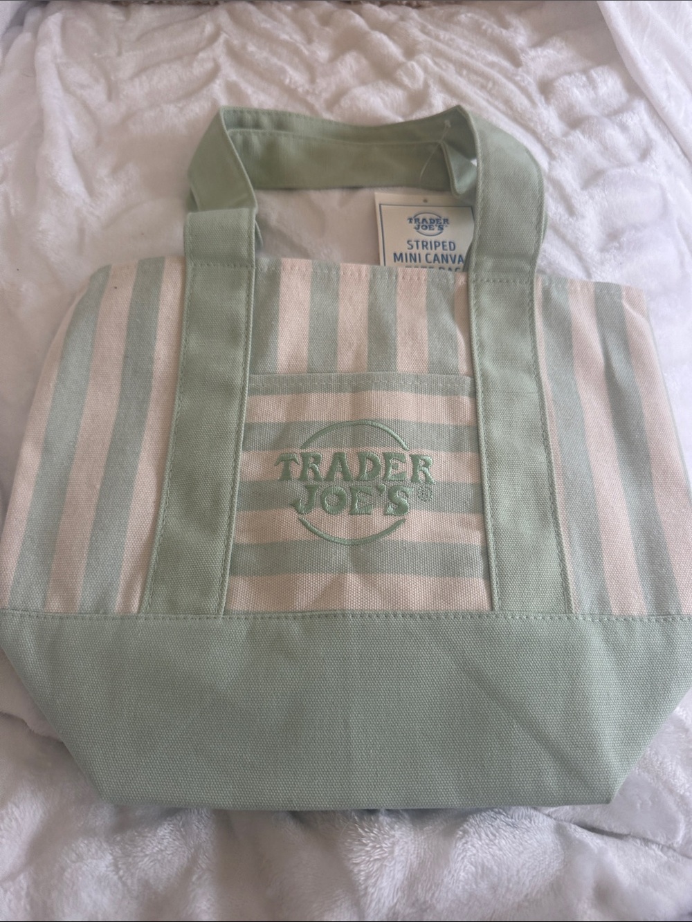 Trader Joe’s Mint Green & Cream Striped Canvas Tote Bag